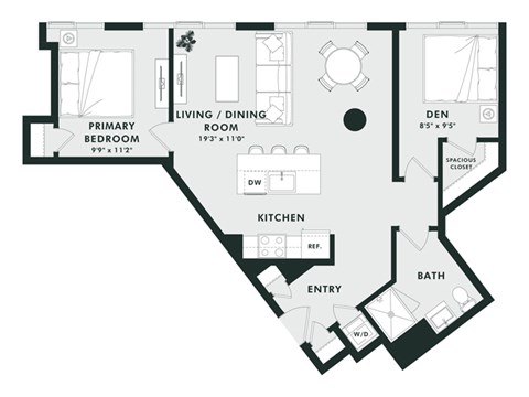 Floor plan for 1 bed, 1 bath, 867 sqft